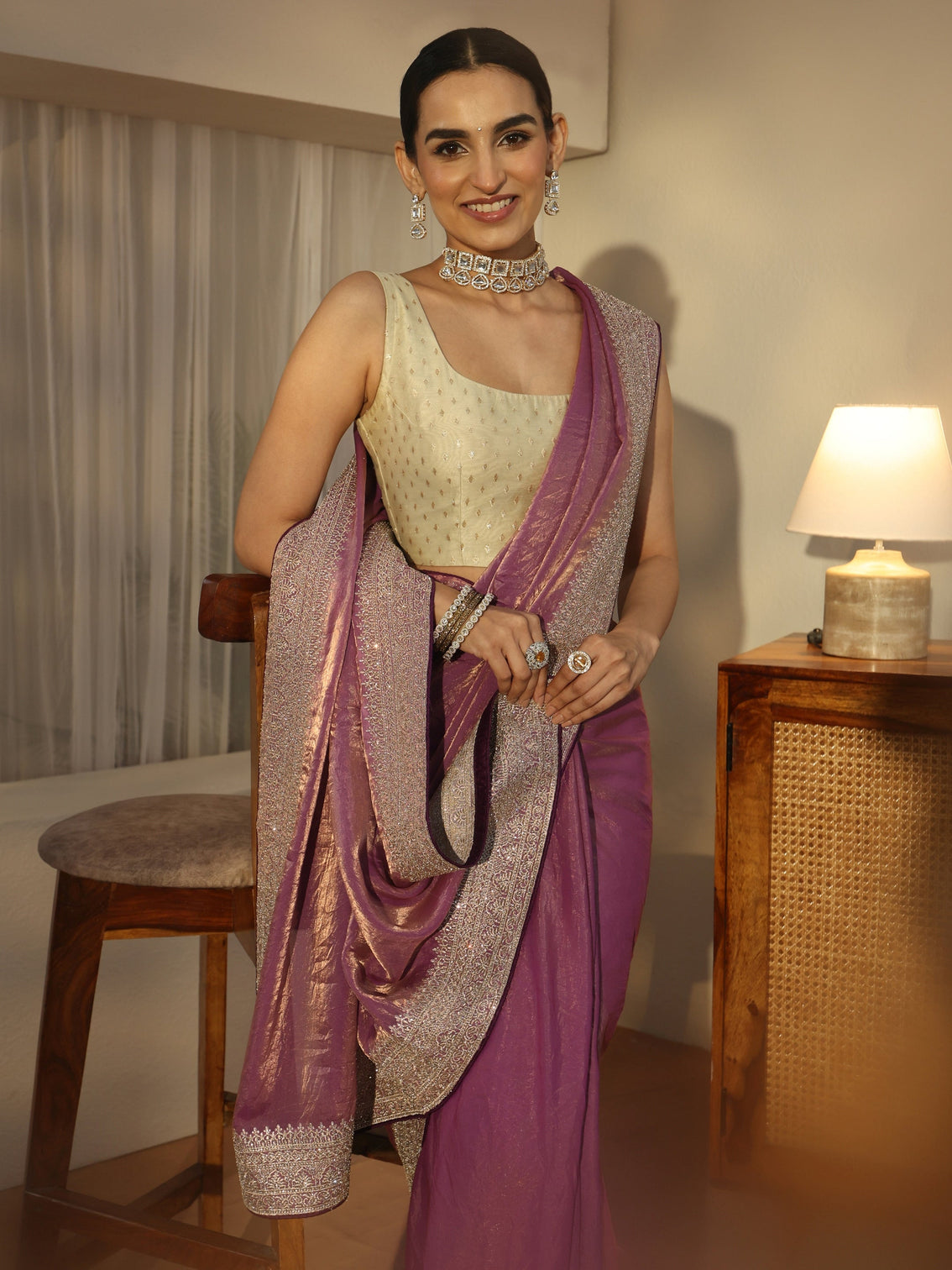 Mameraa Muave Tissue Saree with Embellished Border
