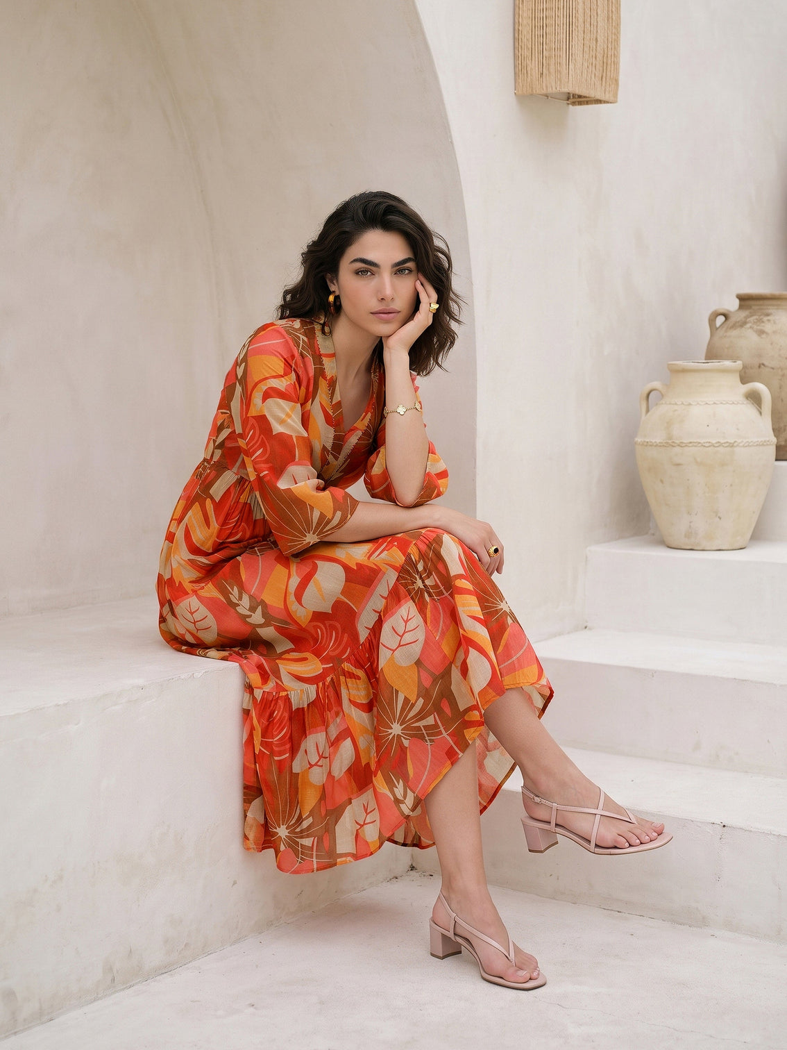 Mameraa Multi Color Tropical Printed Fit and Flare Chiffon Dress
