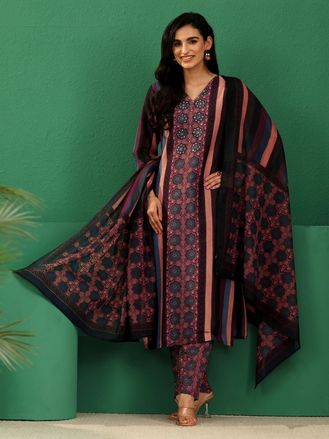 Mameraa Multi Colour Ajrakh Cotton Straight Suit Set