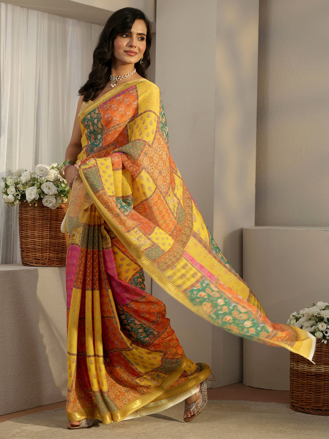 Mameraa Multi Colour Ethnic Printed Silk Blend Saree
