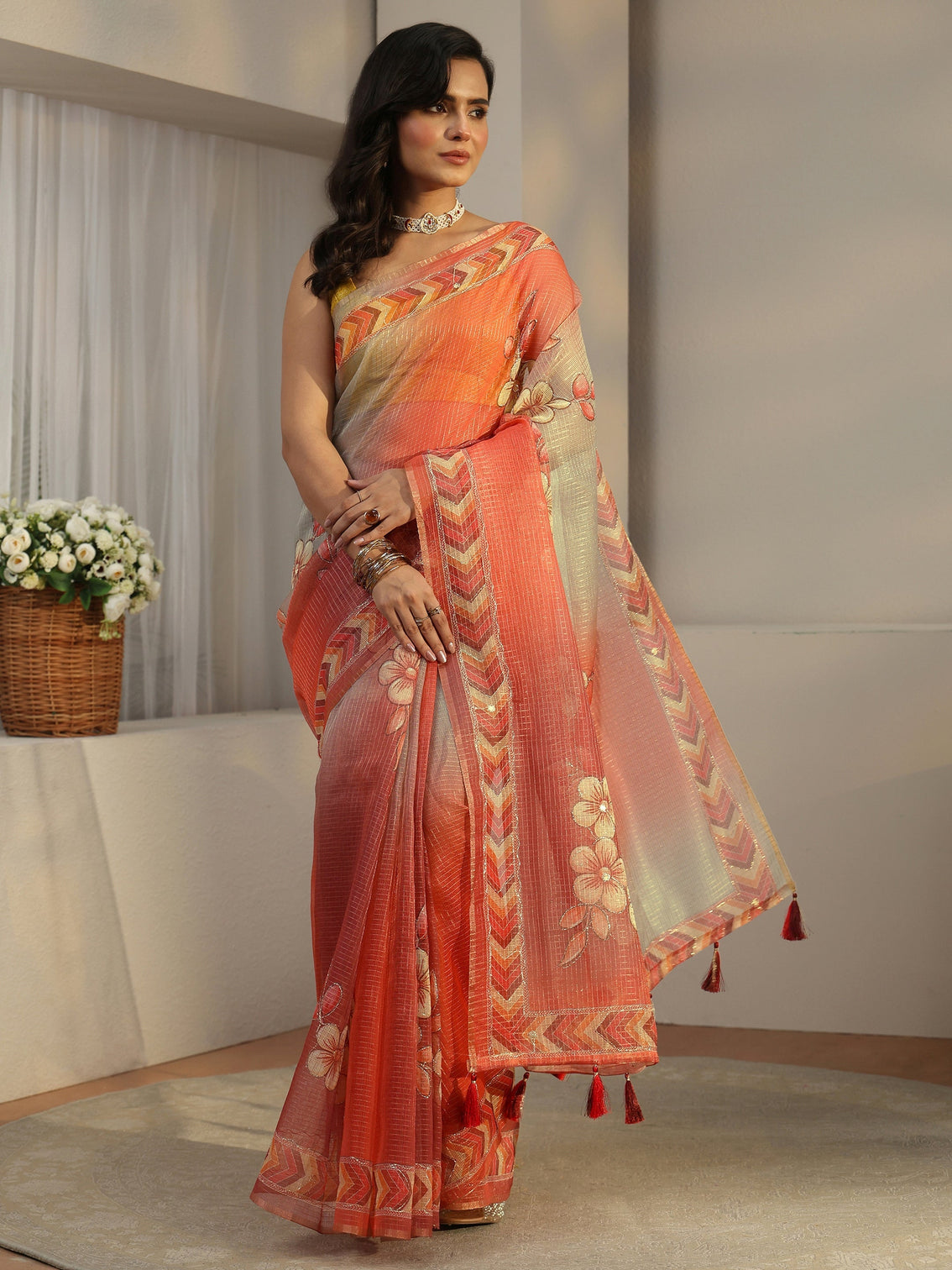 Mameraa Multi Colour Floral Printed Silk Blend Saree with Chevron Border