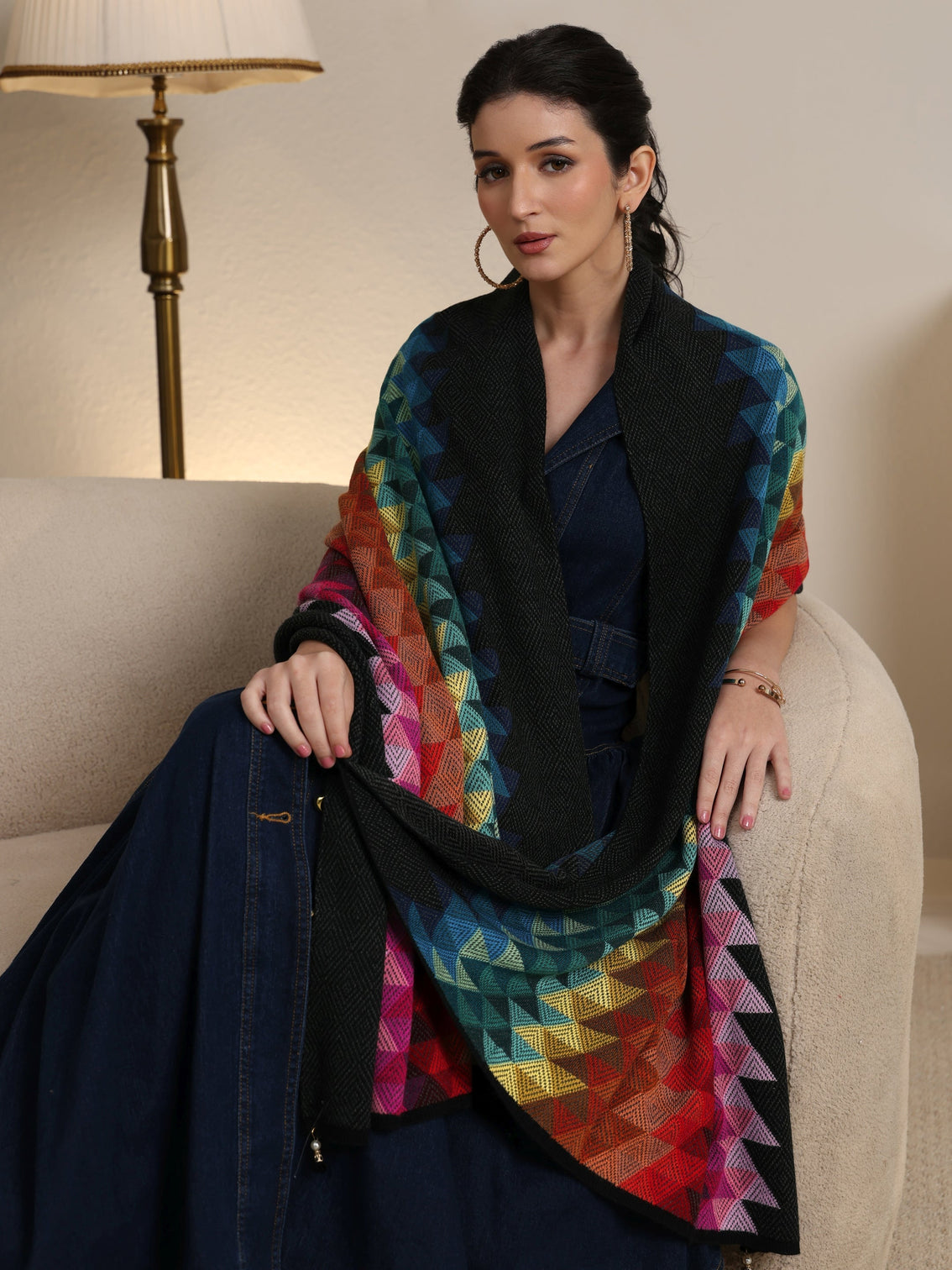 Mameraa Multi Colour Geometric Knitted Acrylic Wrap Shawl