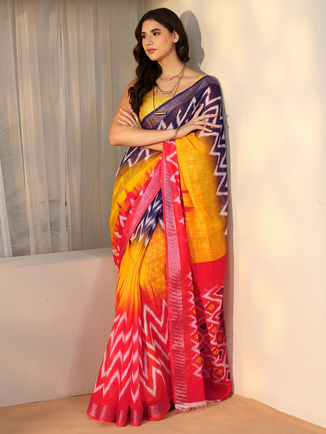 Mameraa Multi Colour Ikat Style Chevron Printed Cotton Blend Saree