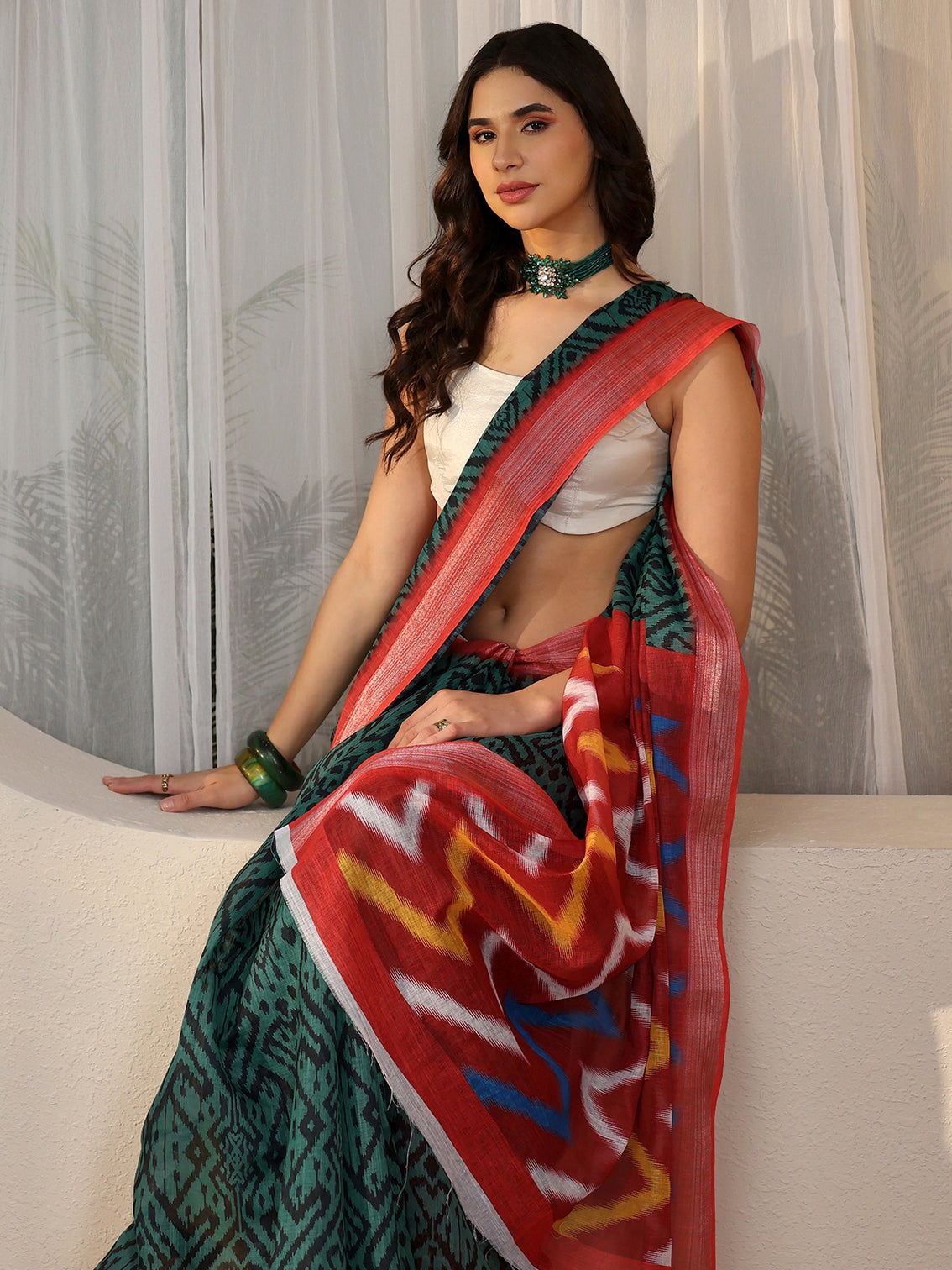Mameraa Multi Colour Ikat Style Chevron Printed Cotton Blend Saree