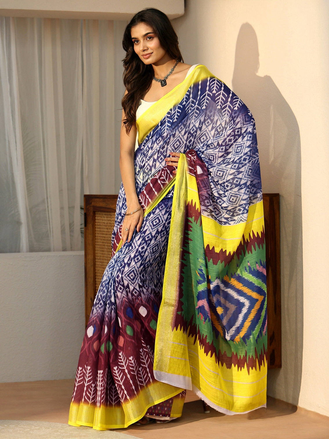 Mameraa Multi Colour Ikat Style Printed Cotton Blend Saree