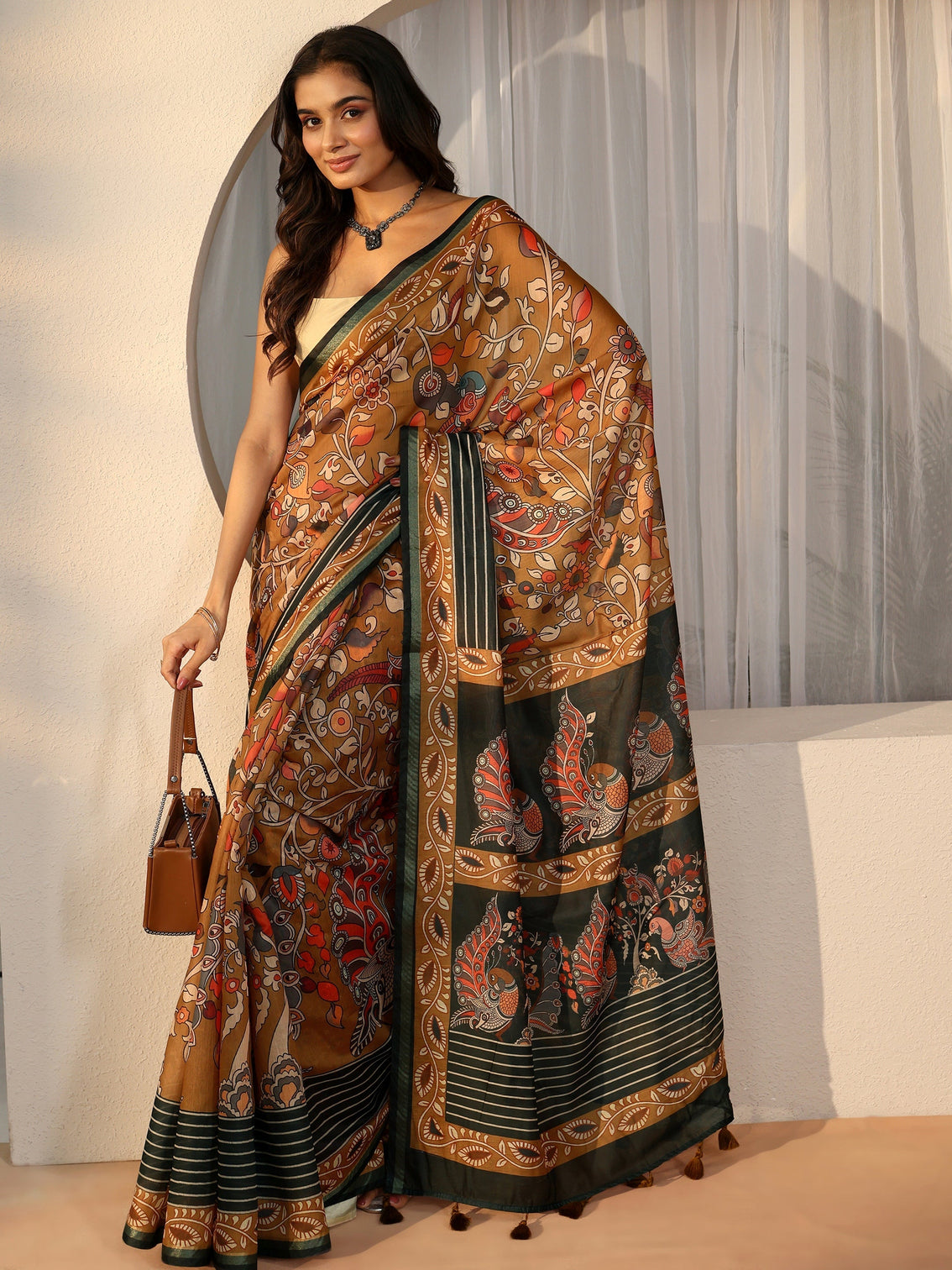 Mameraa Multi Colour Kalamkari Print Cotton Blend Saree