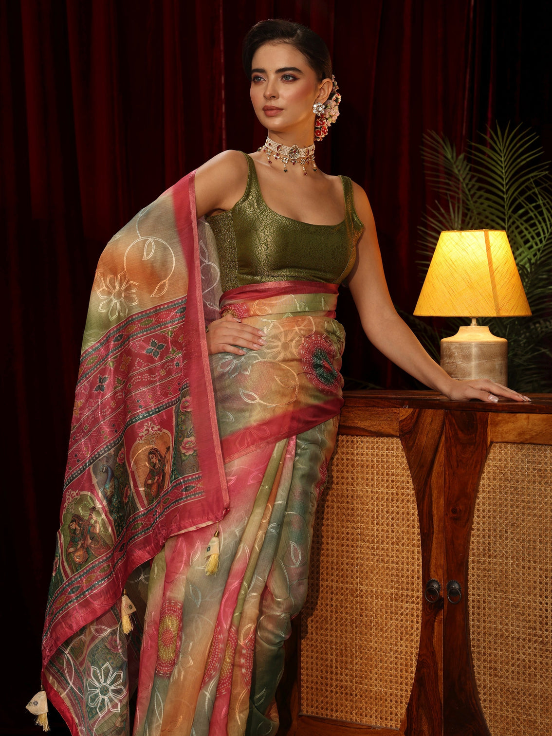 Mameraa Multi Coloured Floral Embroidered Silk Blend Saree