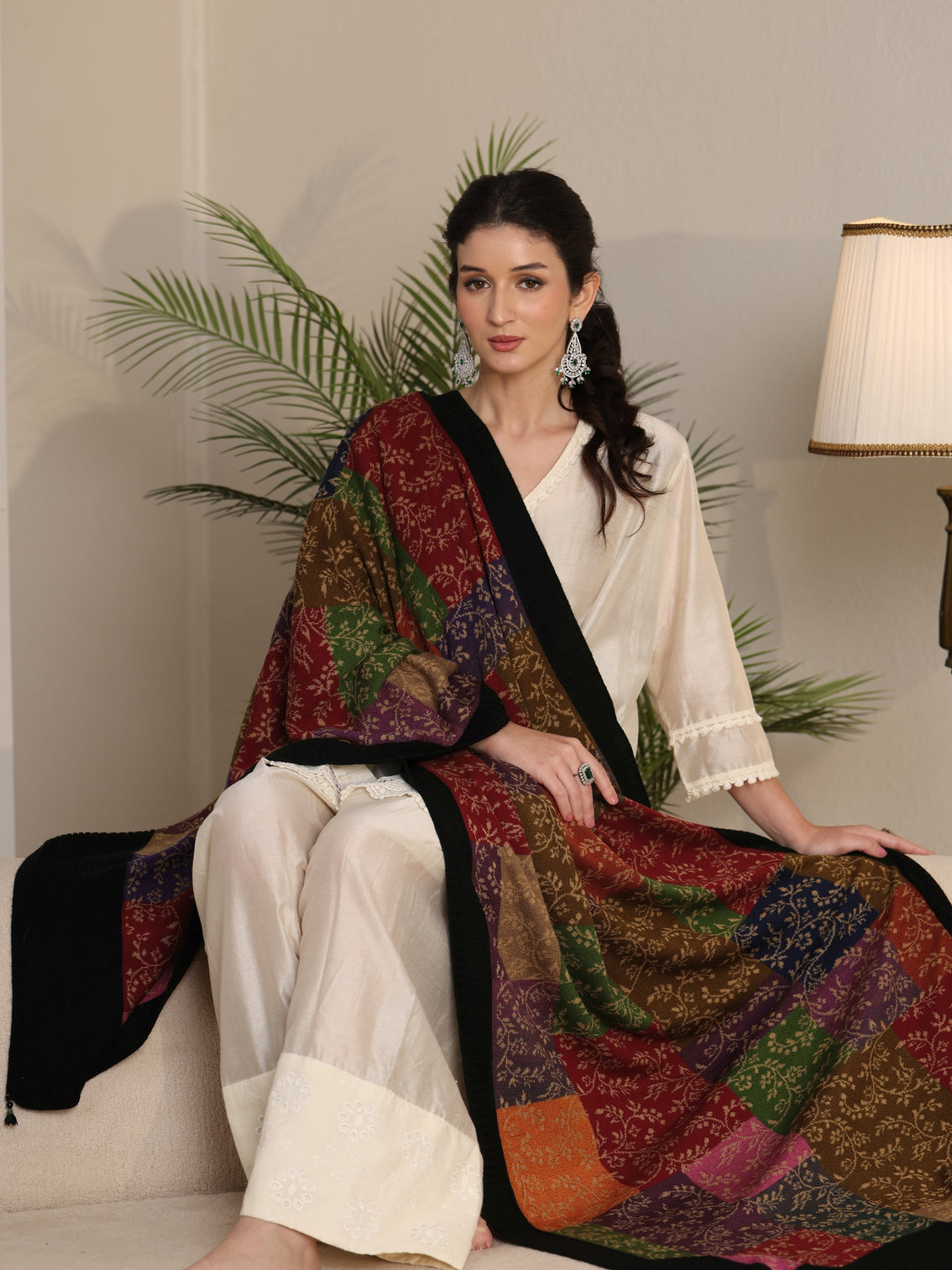 Mameraa Multi Coloured Floral Knitted Acrylic Shawl
