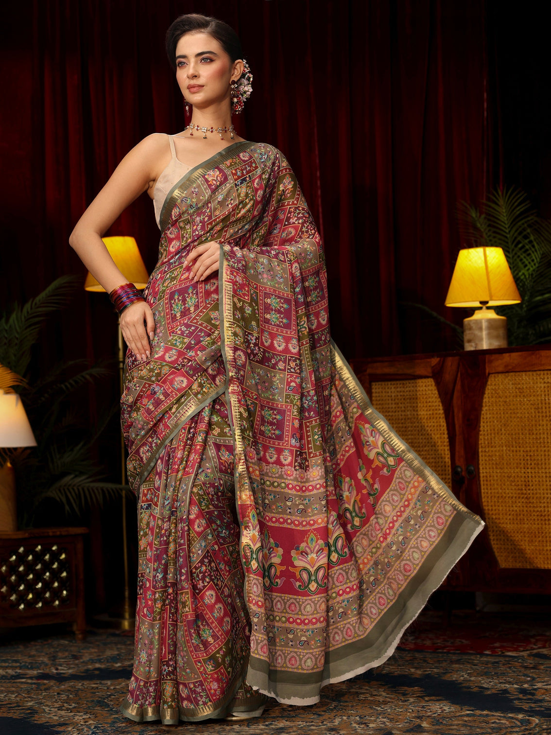 Mameraa Multi Coloured Floral Printed Silk Blend Saree