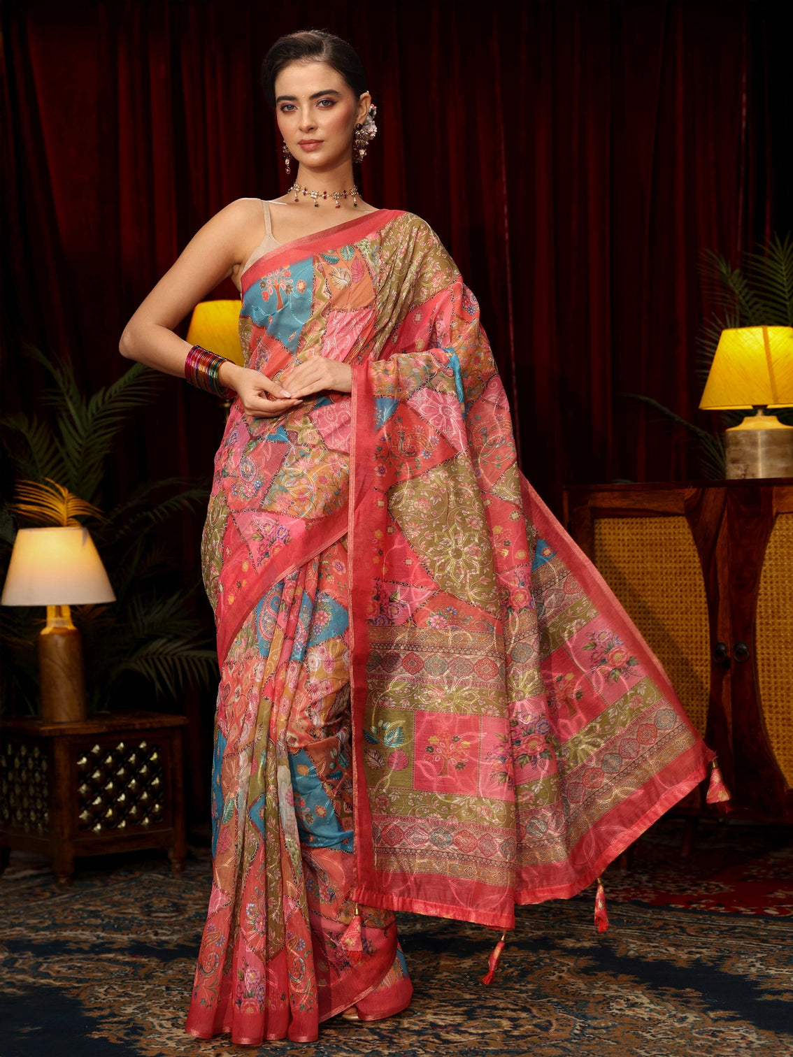 Mameraa Multi Coloured Floral Printed Silk Blend Saree