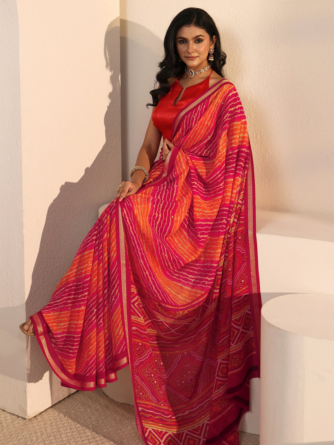Mameraa Multi Coloured Leheriya Printed Georgette Saree