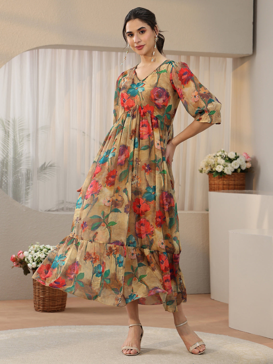 Mameraa Multicolour Floral Printed Empire Chiffon Dress
