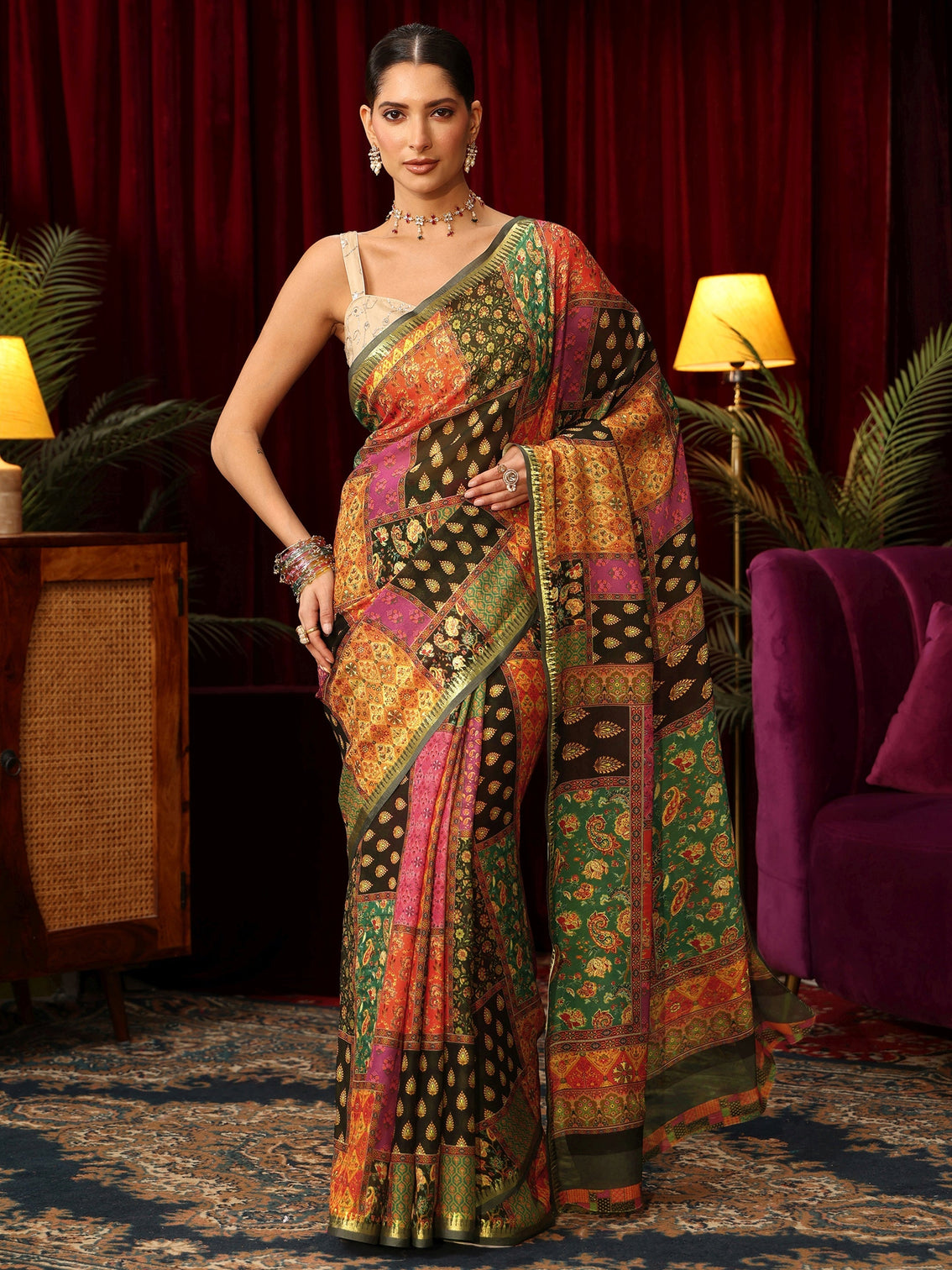Mameraa Multicolour Patch Work Print Silk Blend Saree