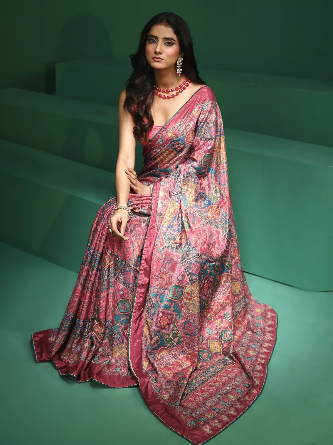 Mameraa Multicolour Sequin Embellished Printed Satin Saree