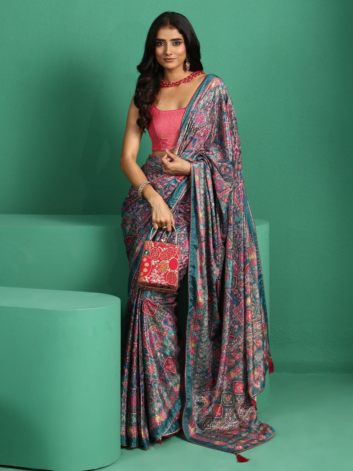 Mameraa Multicolour Sequin Embellished Printed Satin Saree