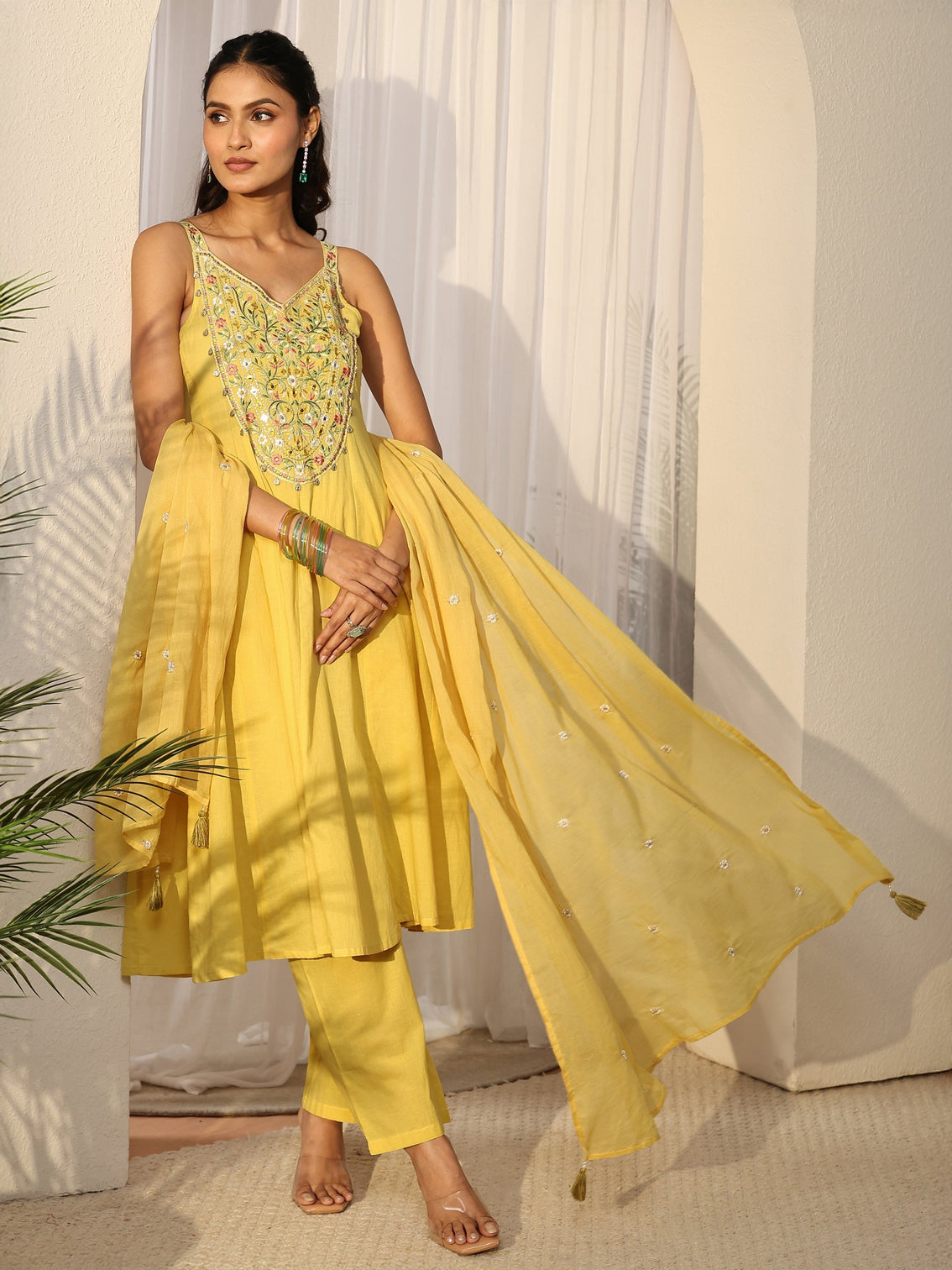 Mameraa Mustard  Strappy Yoke Embroidered Cotton A-Line Suit Set