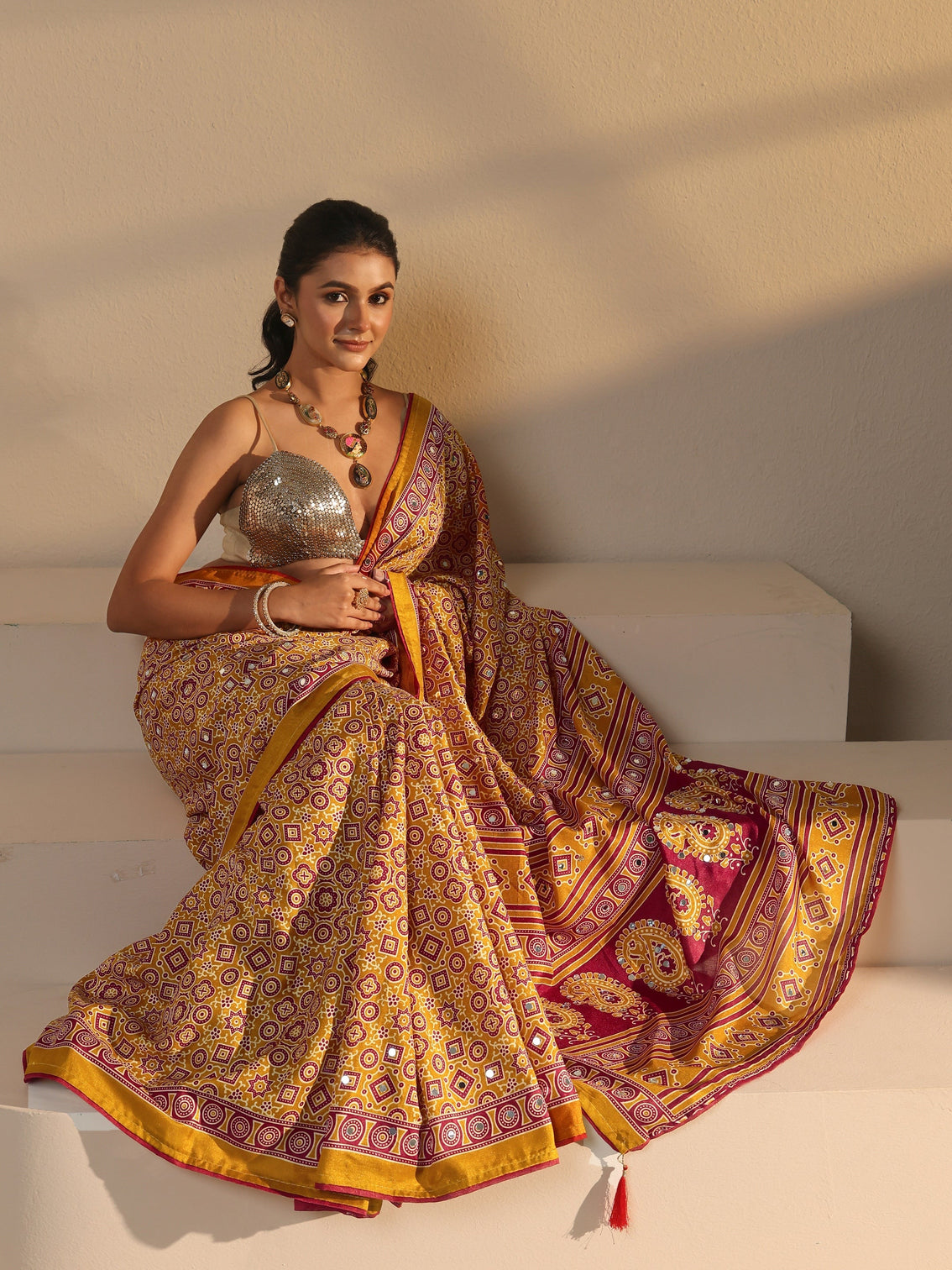 Mameraa Mustard Ajrakh Printed Silk Blend Saree