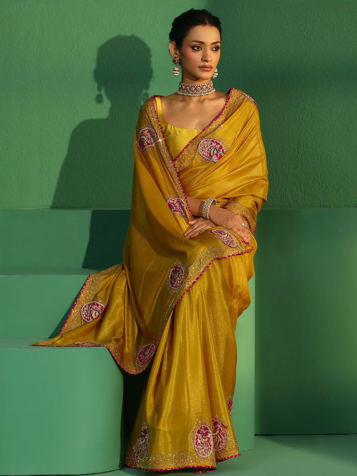 Mameraa Mustard Applique Work Embellished Satin Saree
