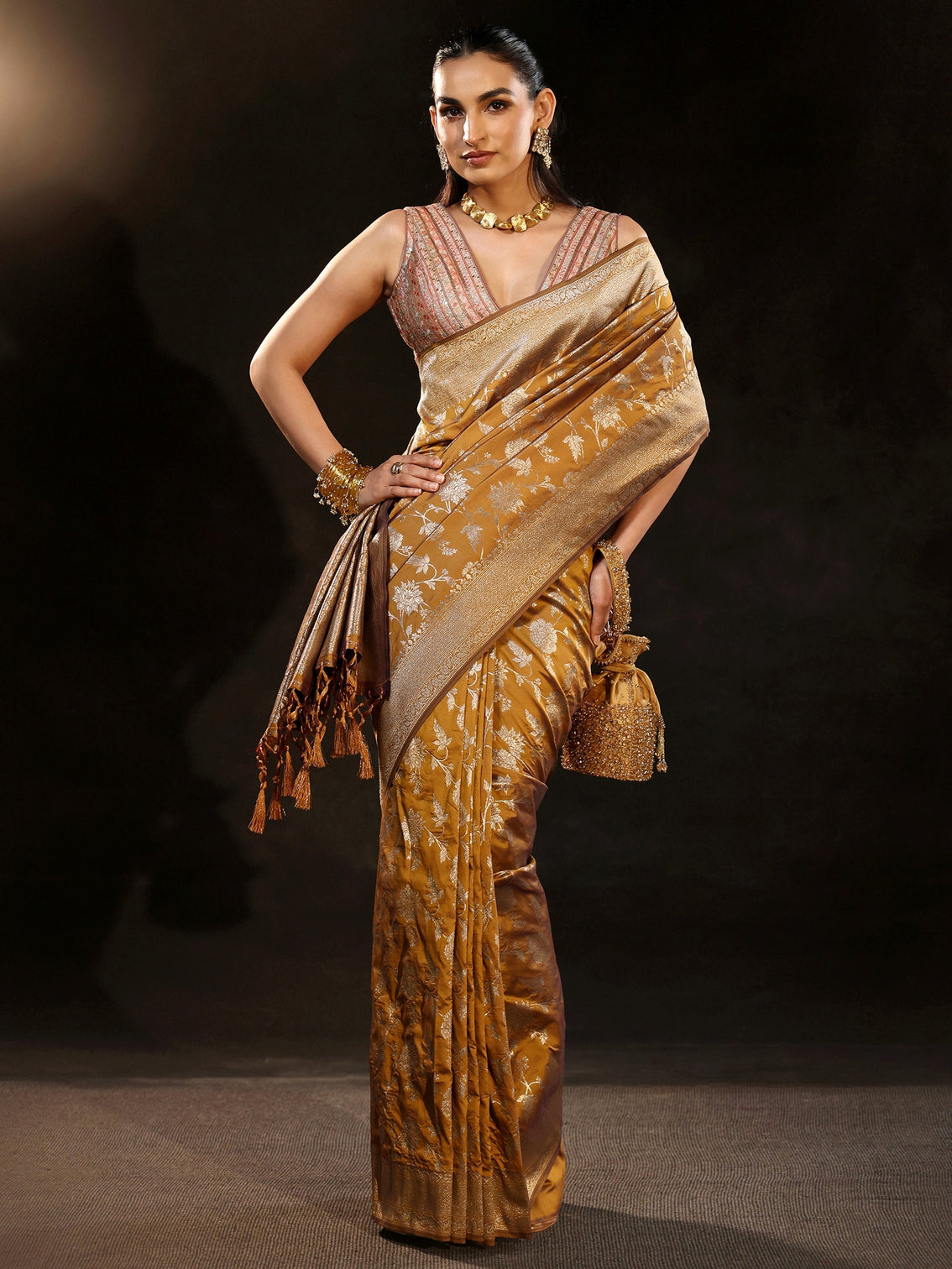 Mameraa Mustard Banarasi Silk Blend Saree