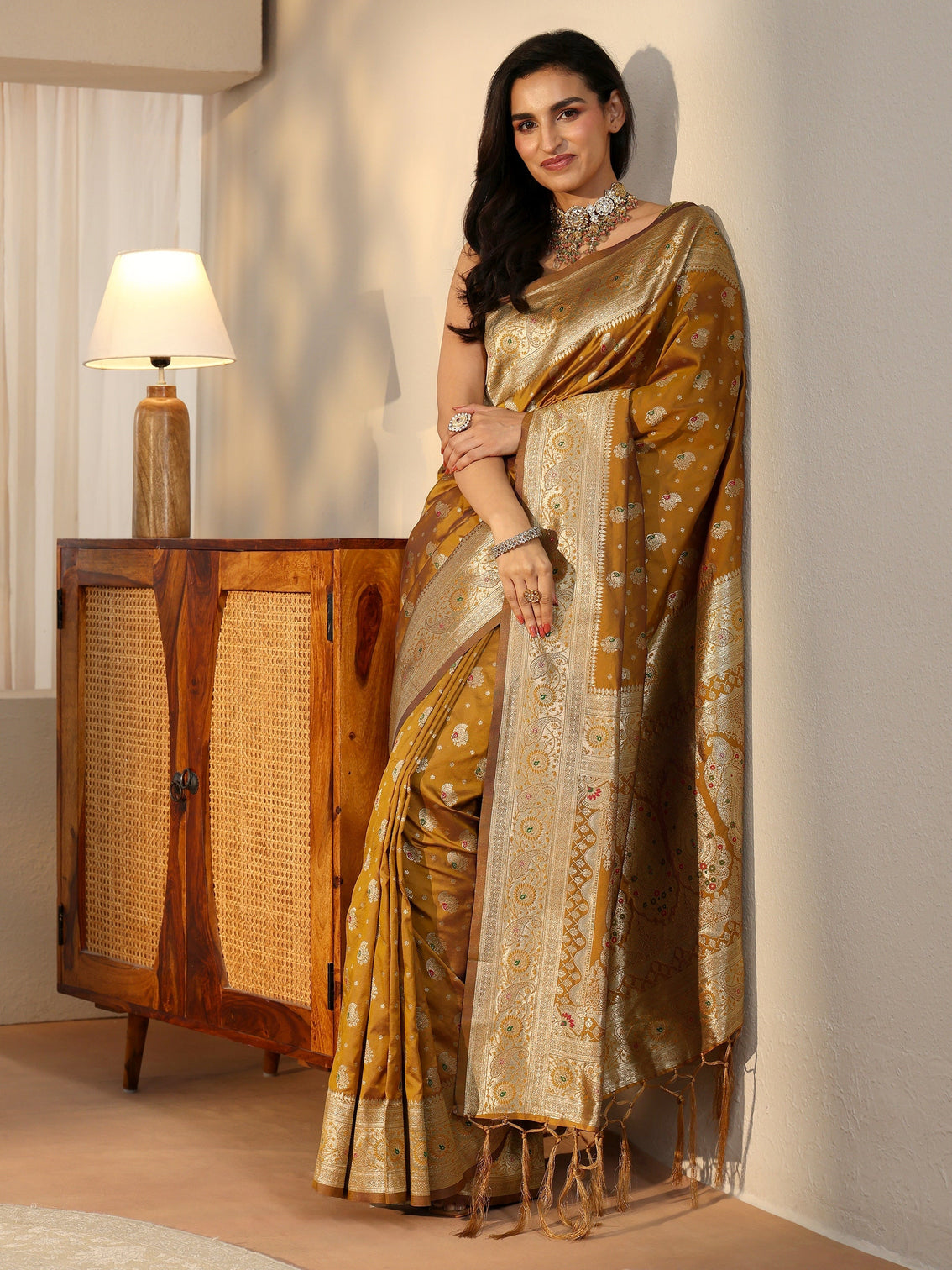 Mameraa Mustard Banarasi Silk Blend Saree
