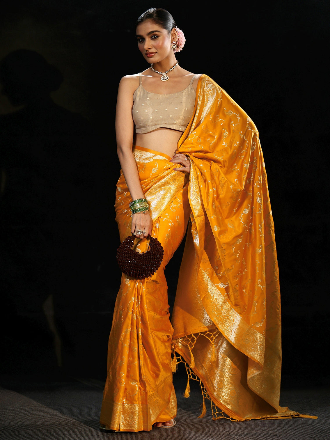 Mameraa Mustard Banarasi Silk Blend Saree
