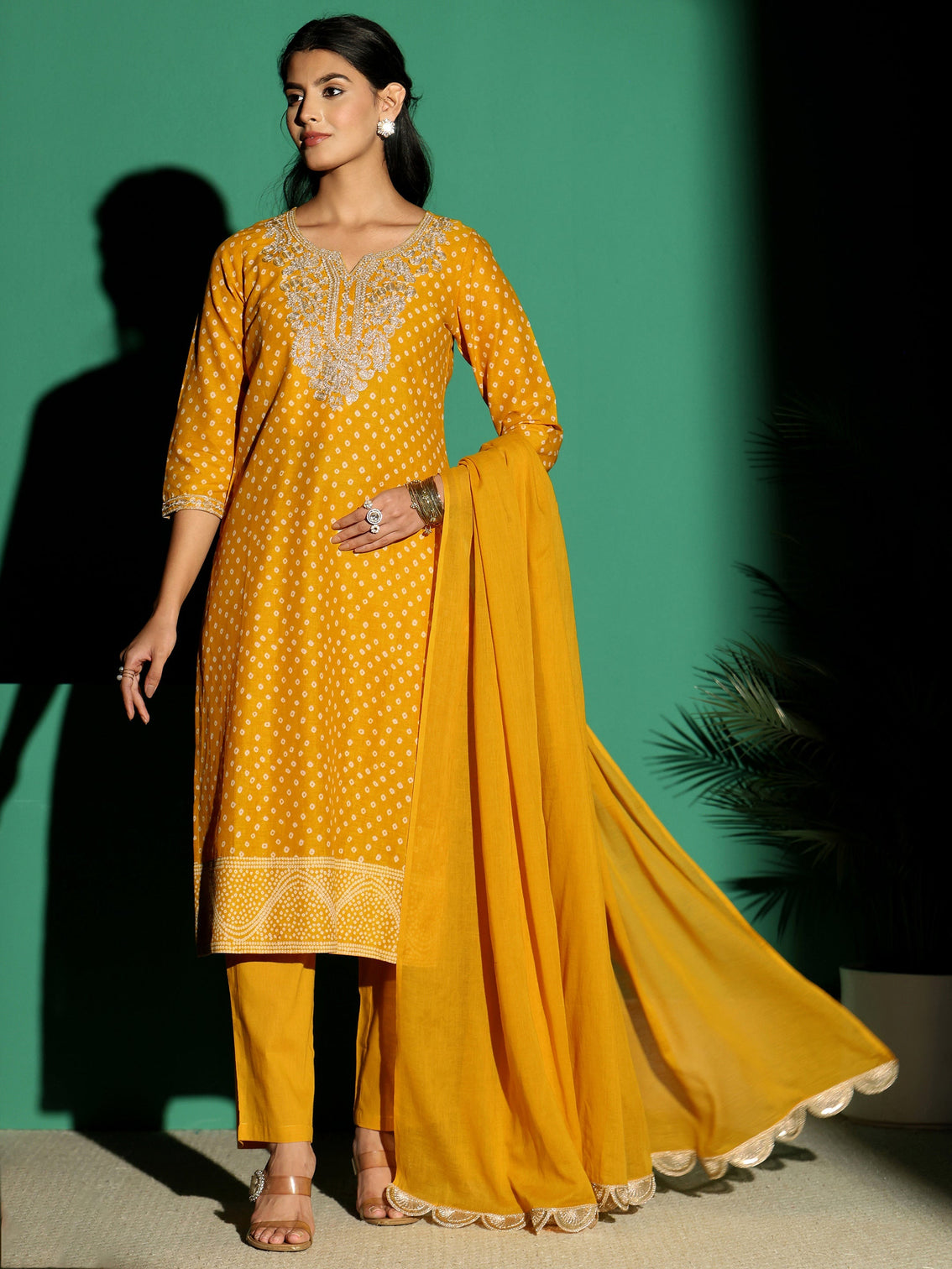 Mameraa Mustard Bandhani Cotton Straight Suit Set