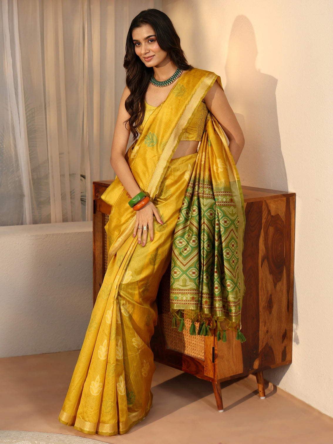 Mameraa Mustard Bandhani Silk Blend Saree