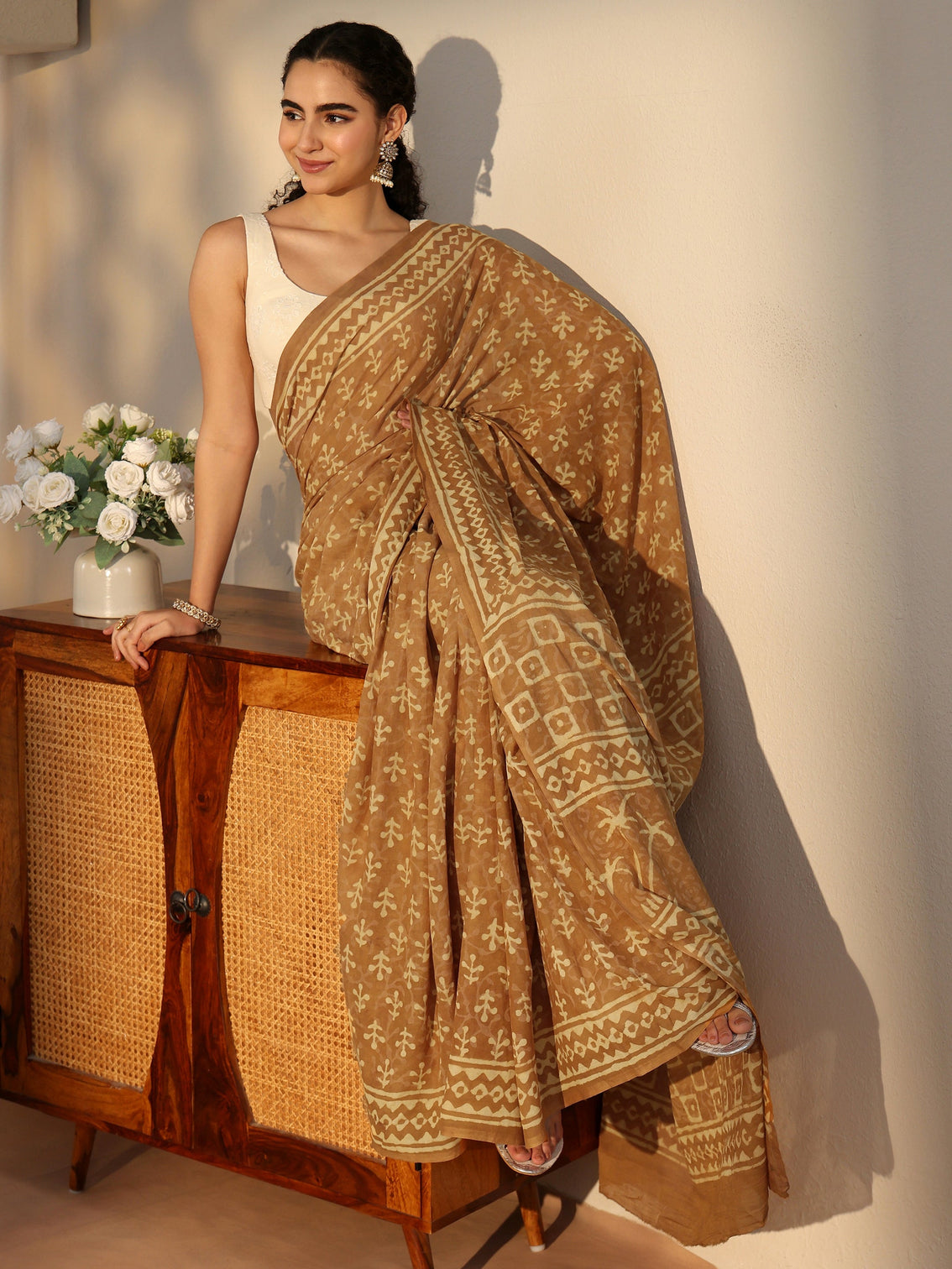 Mameraa Mustard Batik Printed Cotton Saree