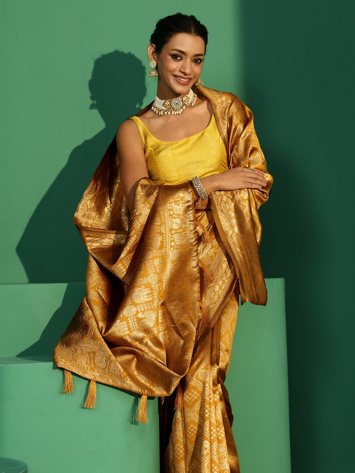 Mameraa Mustard Brocade Saree with Elephant Motifs