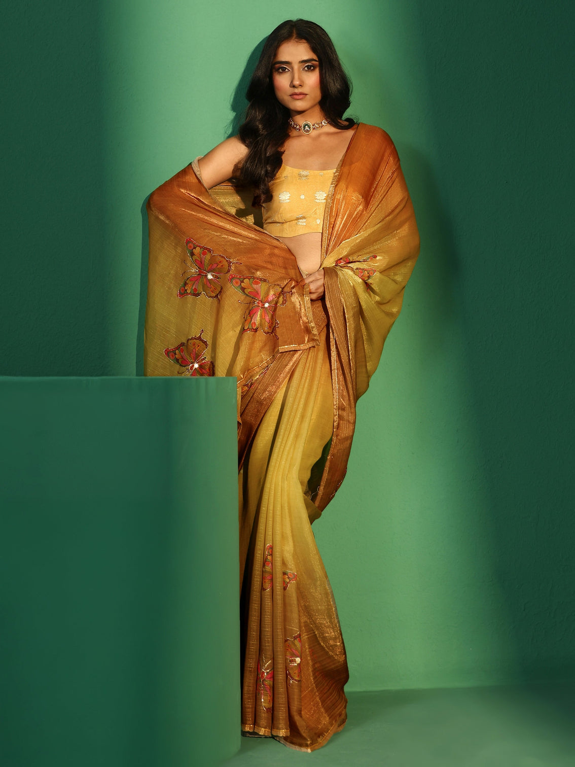 Mameraa Mustard Butterfly Print Chiffon Saree