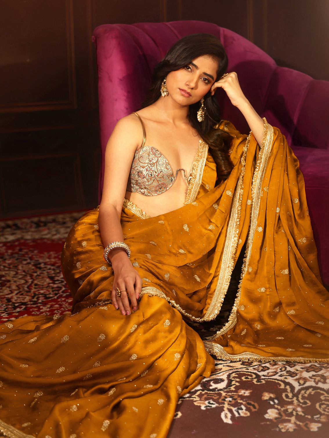 Mameraa Mustard Embellished Chinon Saree with Gota Border