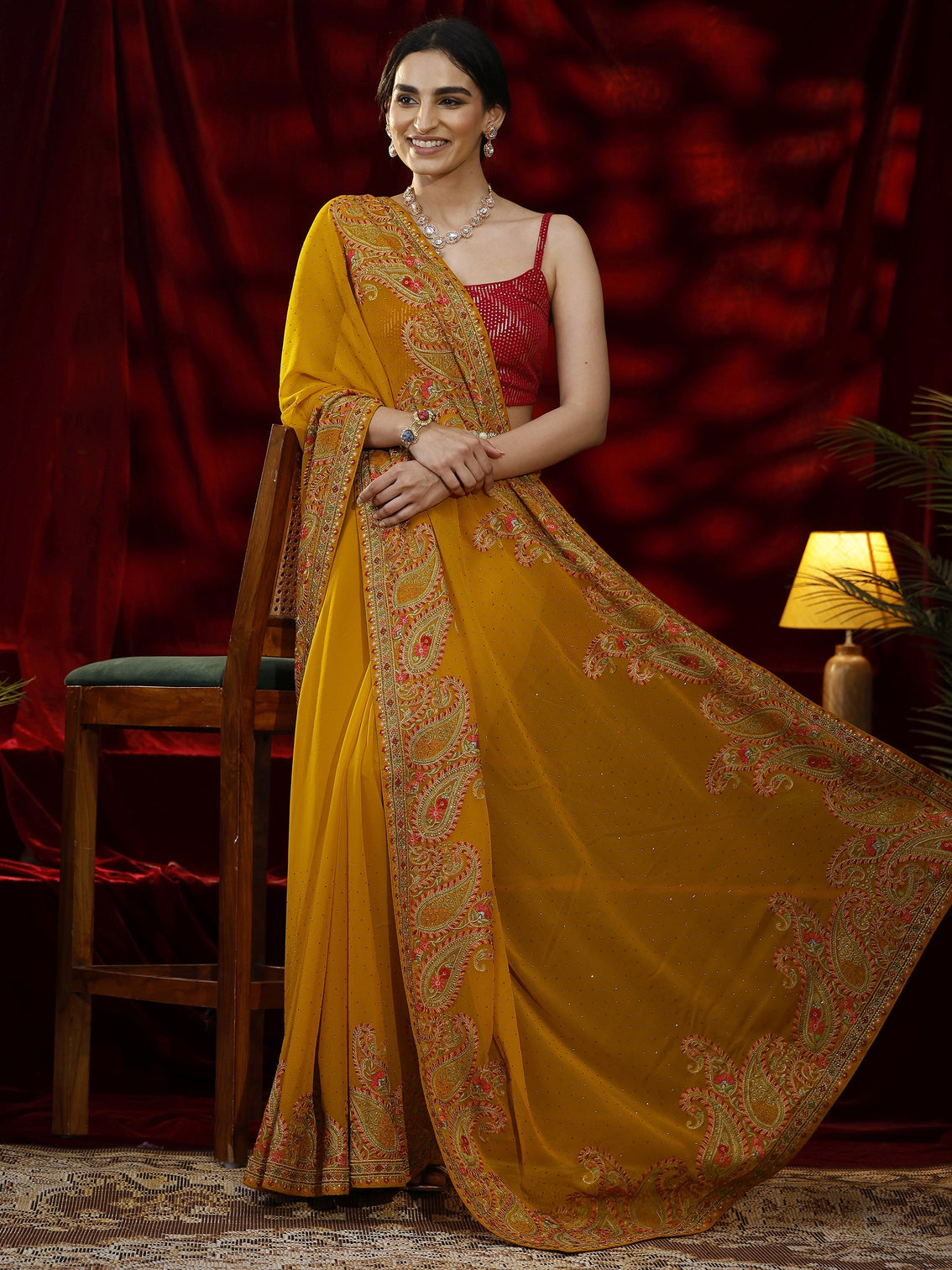 Mameraa Mustard Embellished Georgette Saree