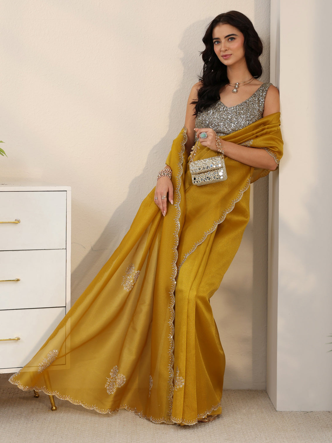 Mameraa Mustard Embellished Organza Saree with Scalloped Border