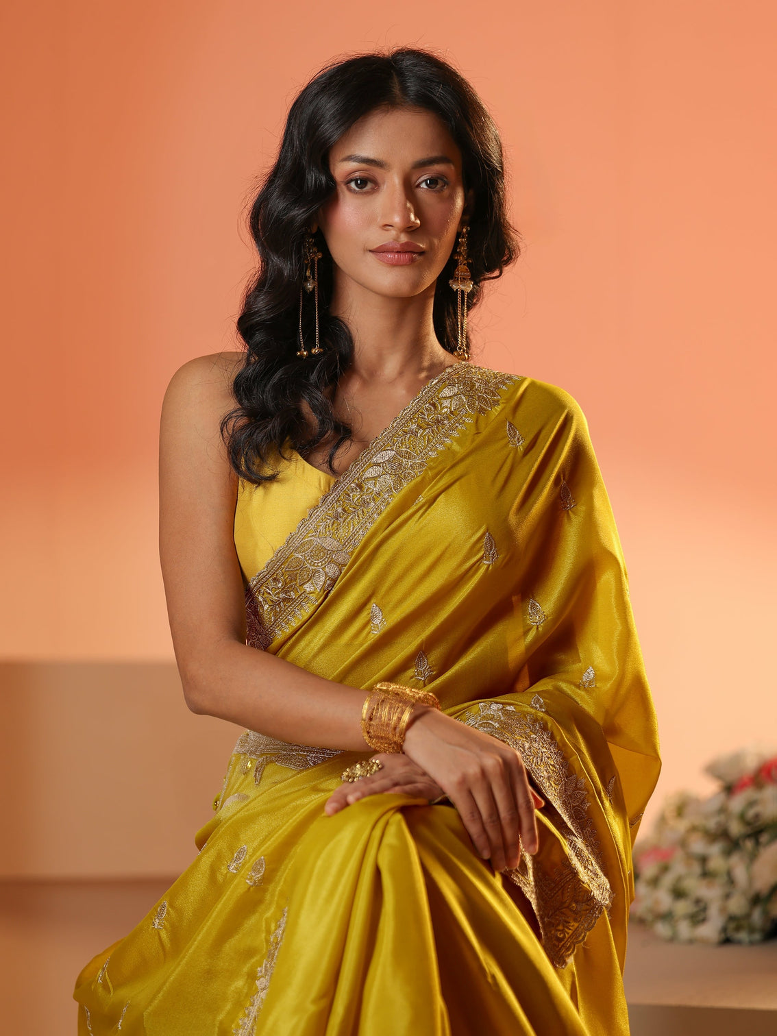 Mameraa Mustard Embroidered Silk Blend Saree