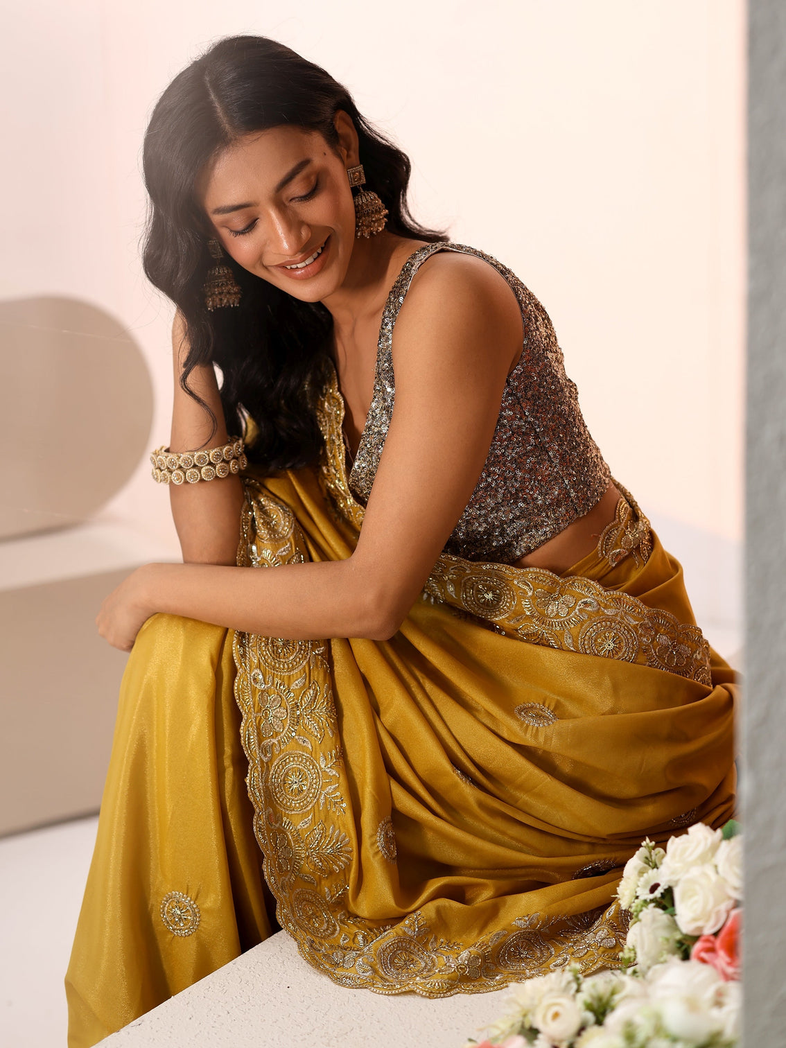 Mameraa Mustard Embroidered Silk Blend Saree