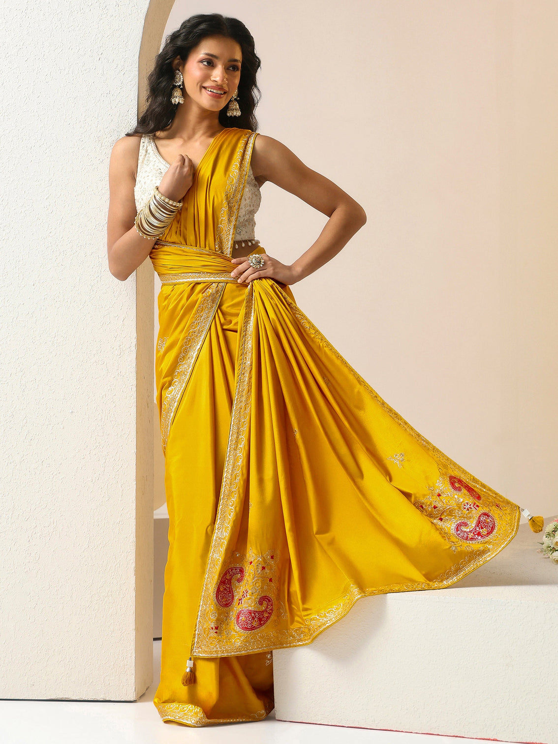 Mameraa Mustard Embroidered Silk Blend Saree
