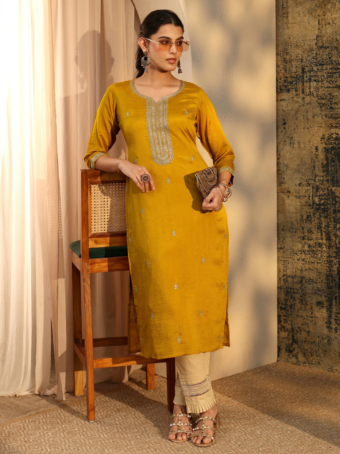 Mameraa Mustard Embroidered Silk Blend Straight Kurta