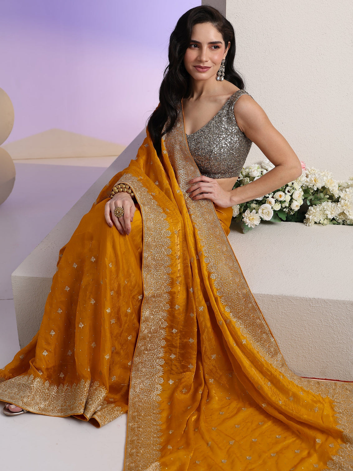 Mameraa Mustard Embroidered Tissue Saree