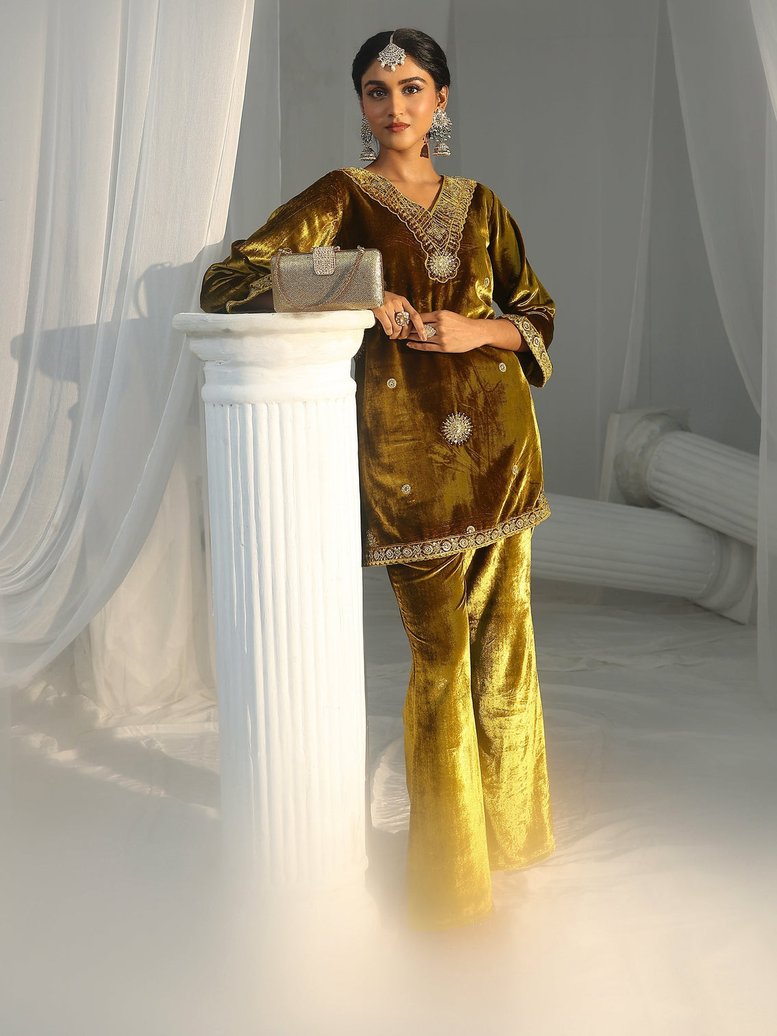 Mameraa Mustard Emellished Velvet Co-Ord Set