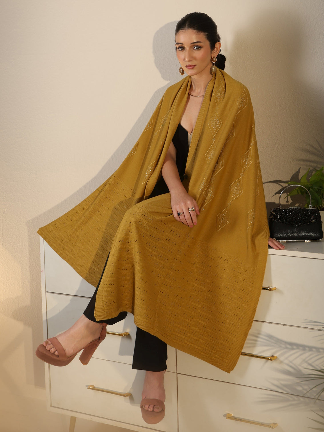Mameraa Mustard Ethnic Knitted Acrylic Wrap Shawl