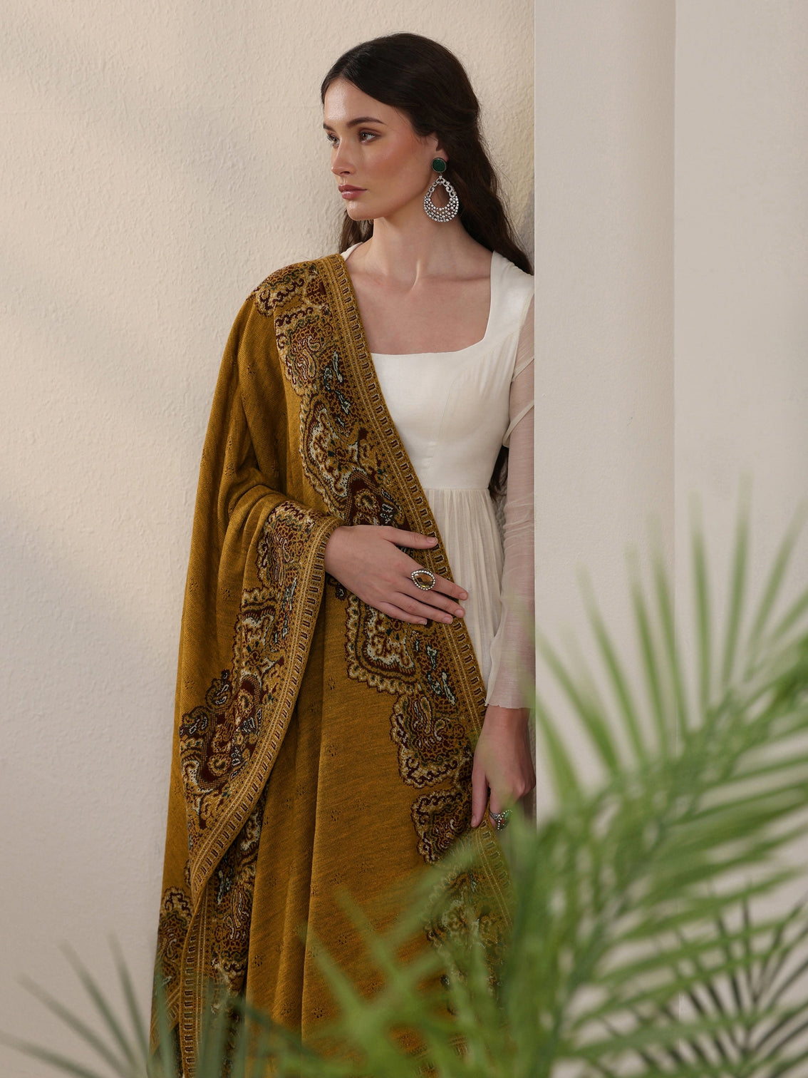 Mameraa Mustard Ethnic Mesh Knitted Acrylic Wrap Shawl
