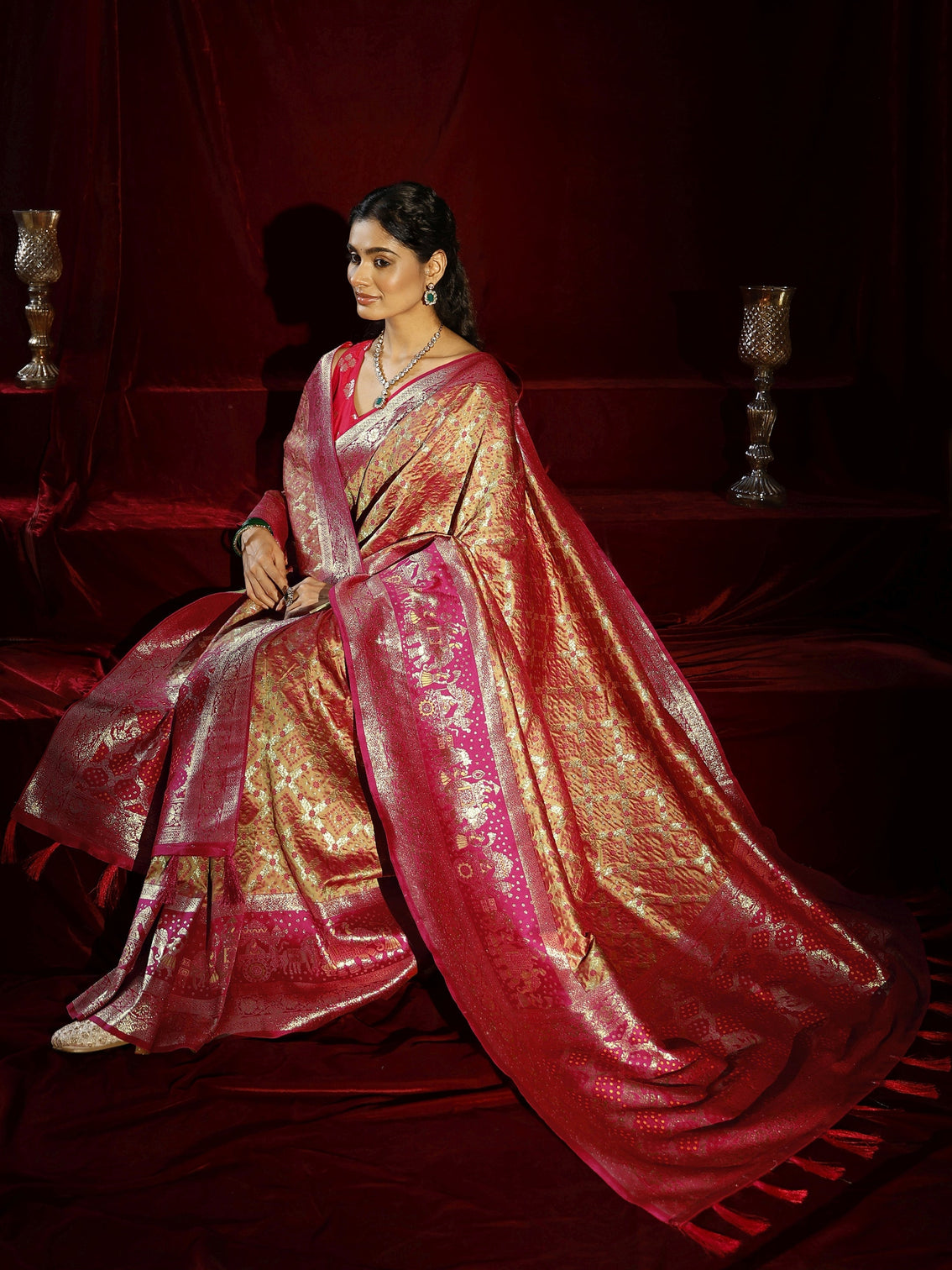 Mameraa Mustard Ethnic Motif Woven Design Silk blend Saree with dupatta