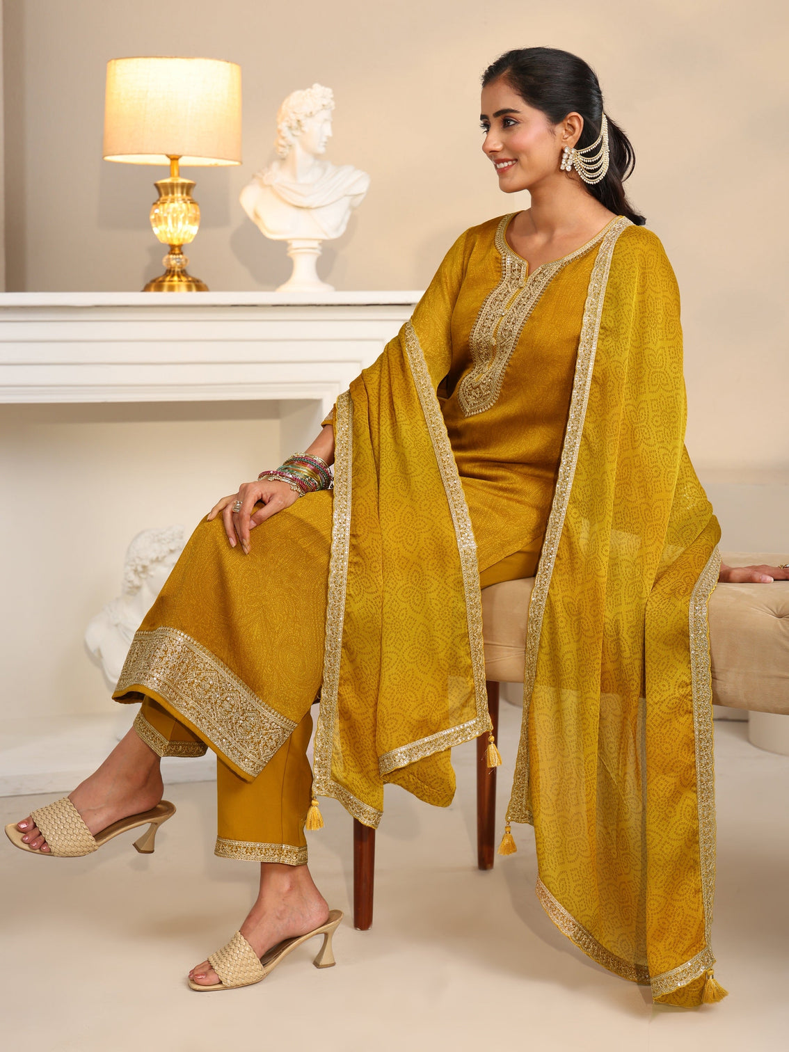 Mameraa Mustard Floral Embellished Chinon Straight Suit Set