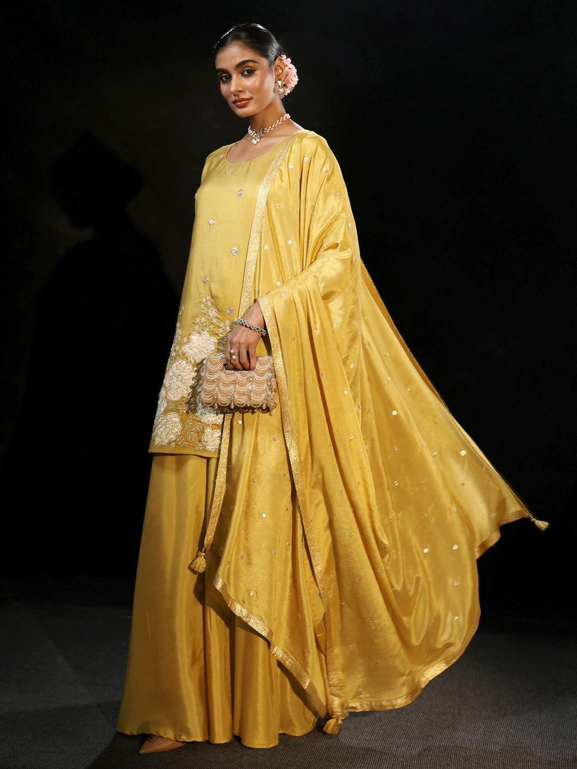 Mameraa Ojaswini Mustard Floral Embellished Silk Blend Palazzo Suit Set