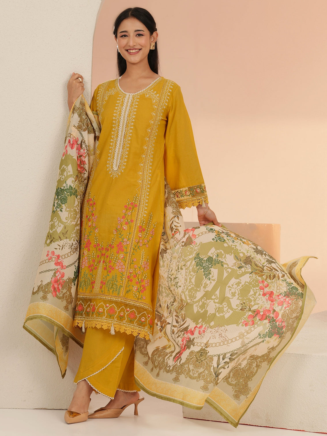 Mameraa Mustard Floral Embridered Cotton Straight Suit Set