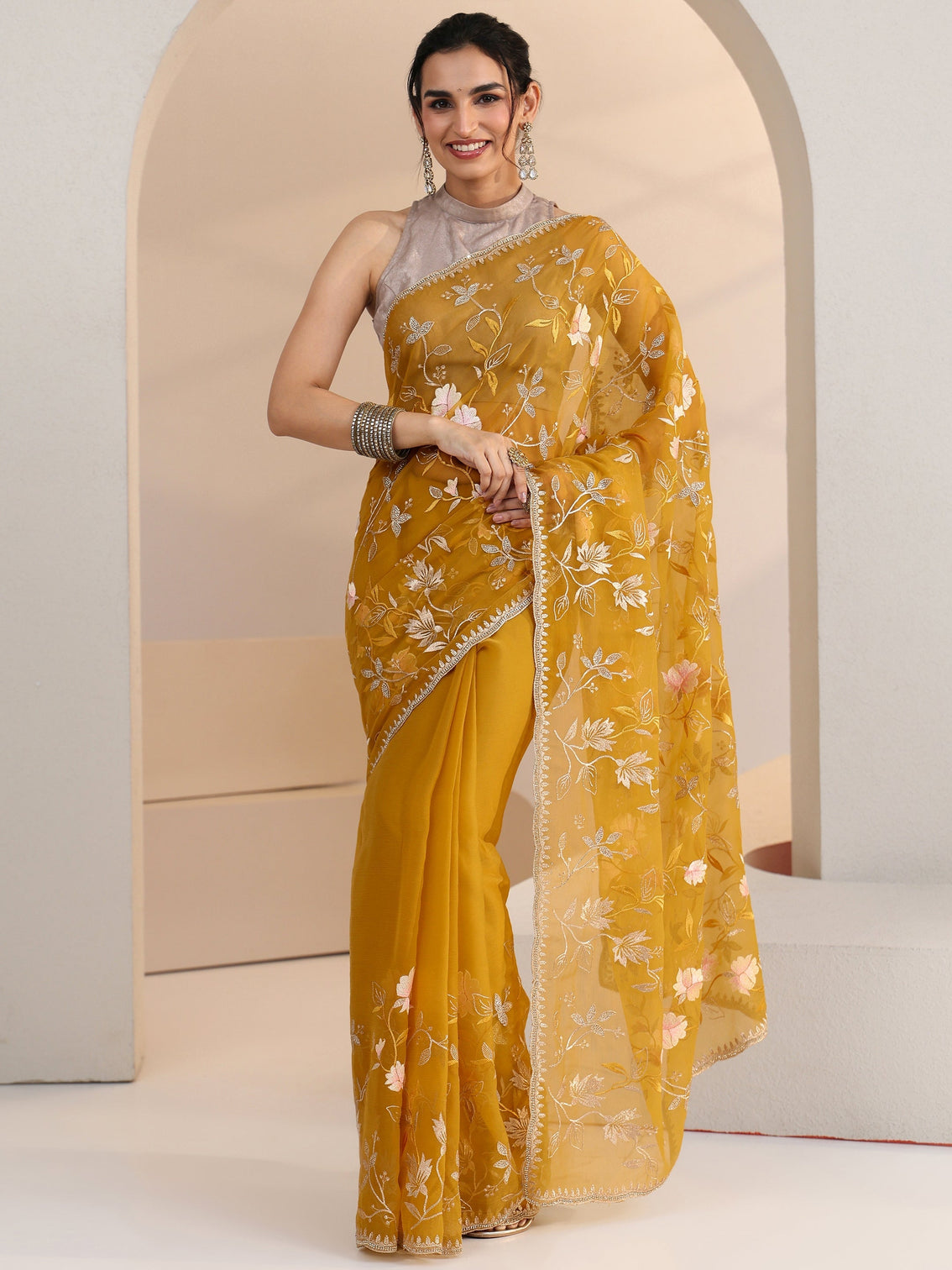 Mameraa Mustard Floral Embroidered Chiffon Saree