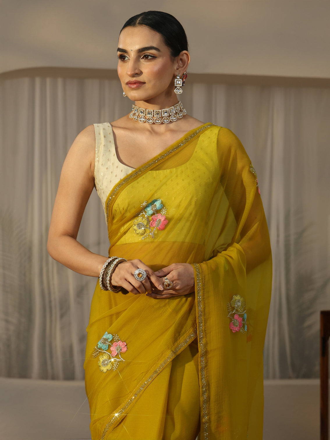 Mameraa Mustard Floral Embroidered Chiffon Saree