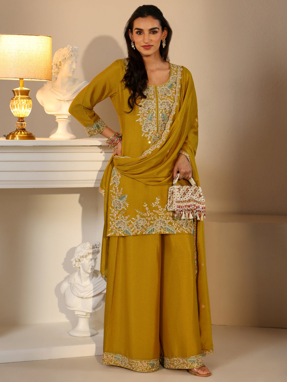 Mameraa Mustard Floral Embroidered Chinon Straight Suit Set