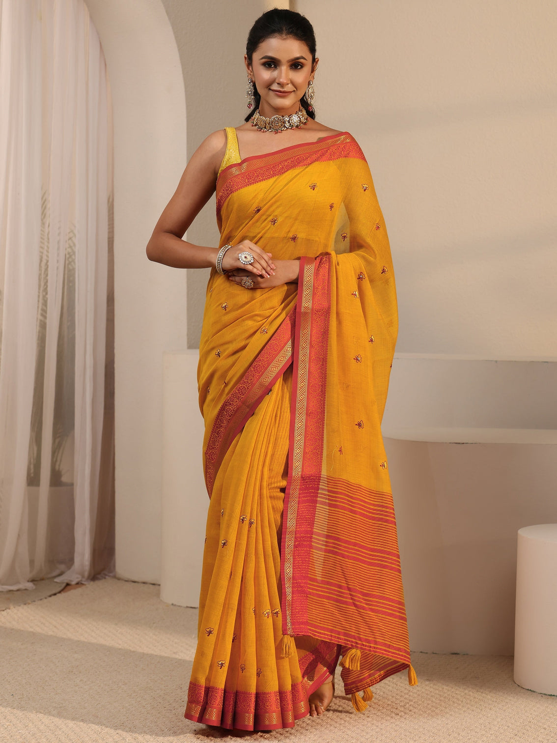 Mameraa Mustard Floral Embroidered Cotton Blend Tassel Saree