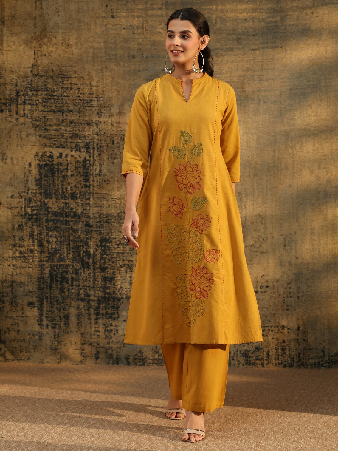 Mameraa Mustard Floral Embroidered Cotton Co-Ord Set